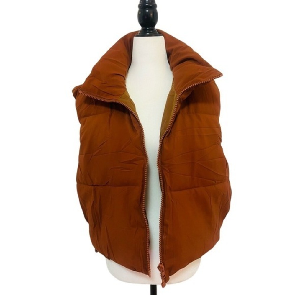 Puffer Shorty Vest Women's XL Brown Stand Collar Sleeveless Zip Up Outerwear - Picture 4 of 8